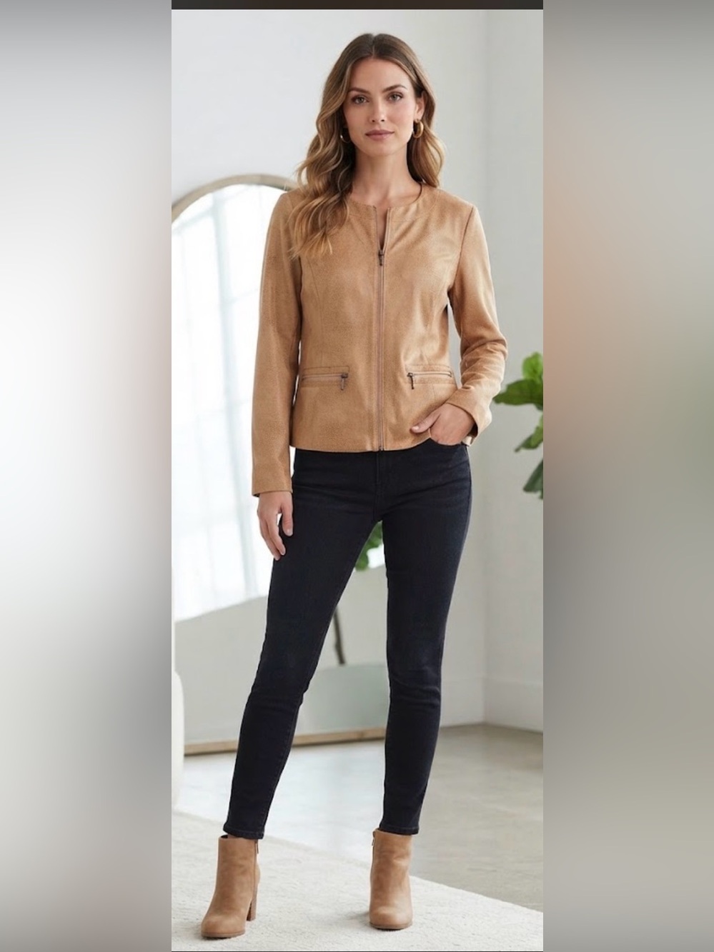 JM Collection Tan Snake Print Faux Suede Leather Zip Front Jacket Blazer Size 10